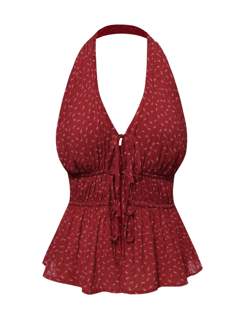 [Prévente] Haut dos nu à lacets floraux rouge des années 1950