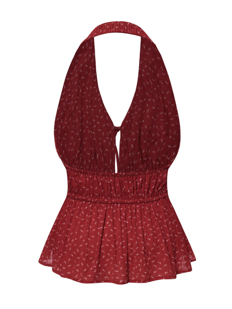 [Prévente] Haut dos nu à lacets floraux rouge des années 1950