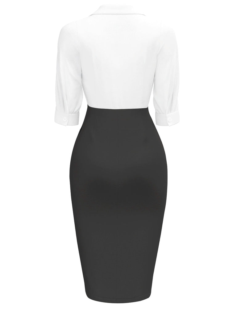 [Prévente] Robe moulante froncée à col cranté blanche et noire des années 1960