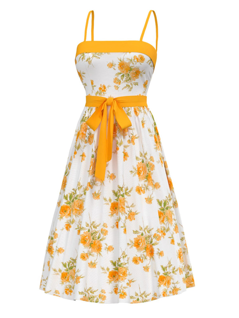 [Prévente] Robe fleurs chartreuse à bretelles fines ceinturée années 1940