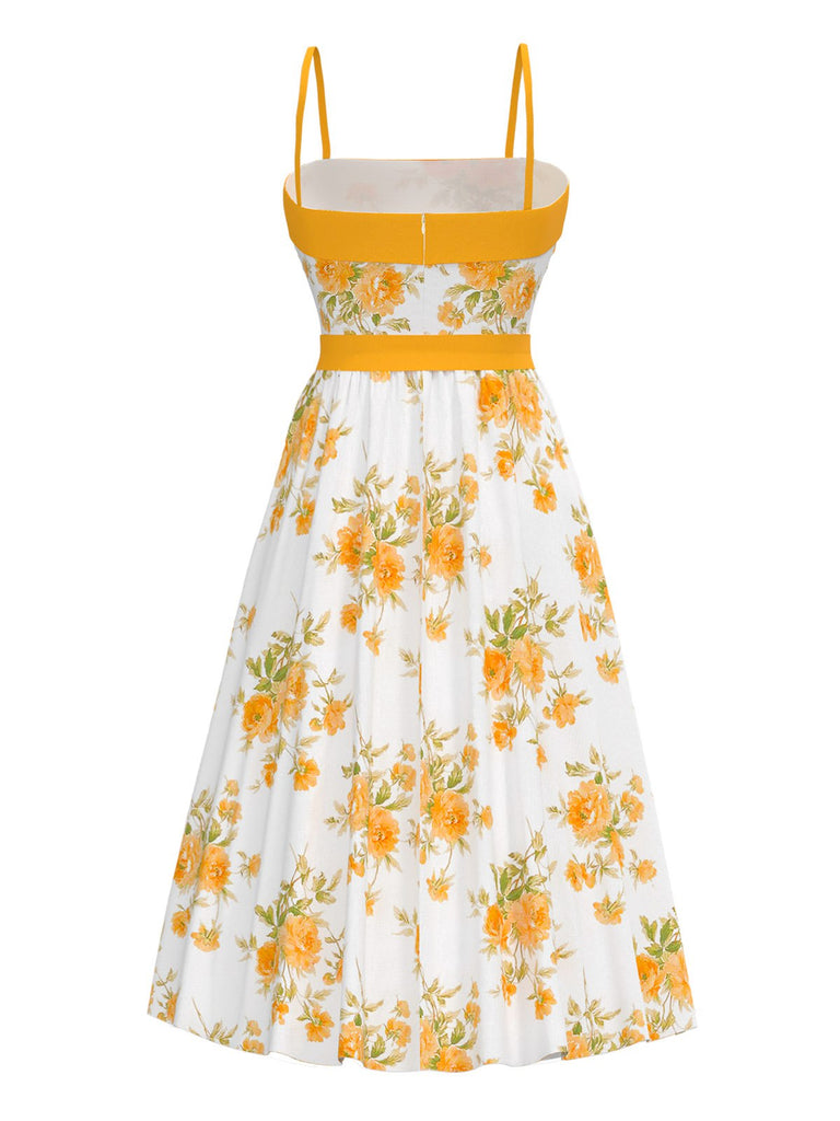 [Prévente] Robe fleurs chartreuse à bretelles fines ceinturée années 1940