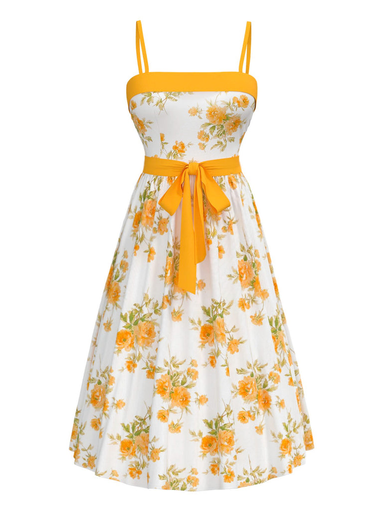 [Prévente] Robe fleurs chartreuse à bretelles fines ceinturée années 1940