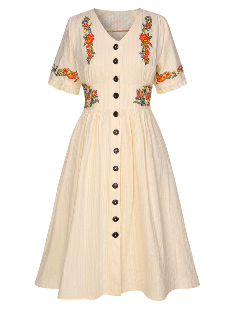 [Pré-vente] [Grande Taille] Robe fleurie brodée beige à col en V des années 40