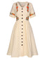 [Pré-vente] [Grande Taille] Robe fleurie brodée beige à col en V des années 40