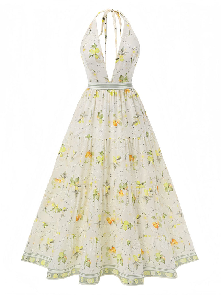 Robe jaune Citron dos nu col V profond des années 1930