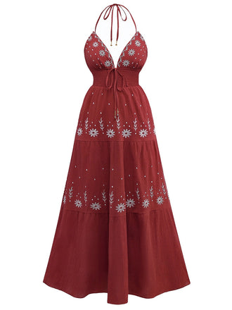 Robe broderie fleur texturée à col en V profond années 1930