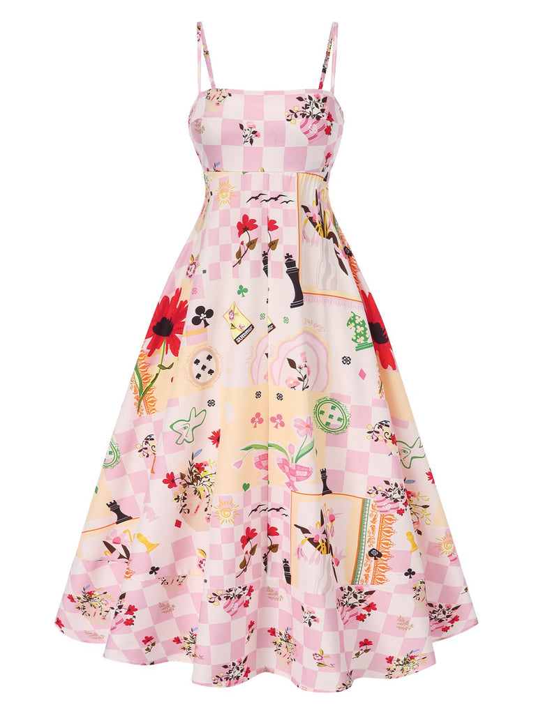 Robe multicolore floral et damier à bretelles années 1940