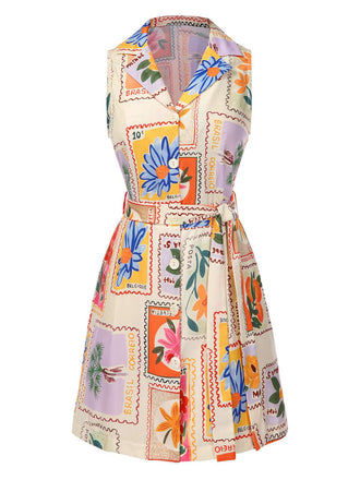 Robe col échancré motifs floraux timbres multicolores des années 1960