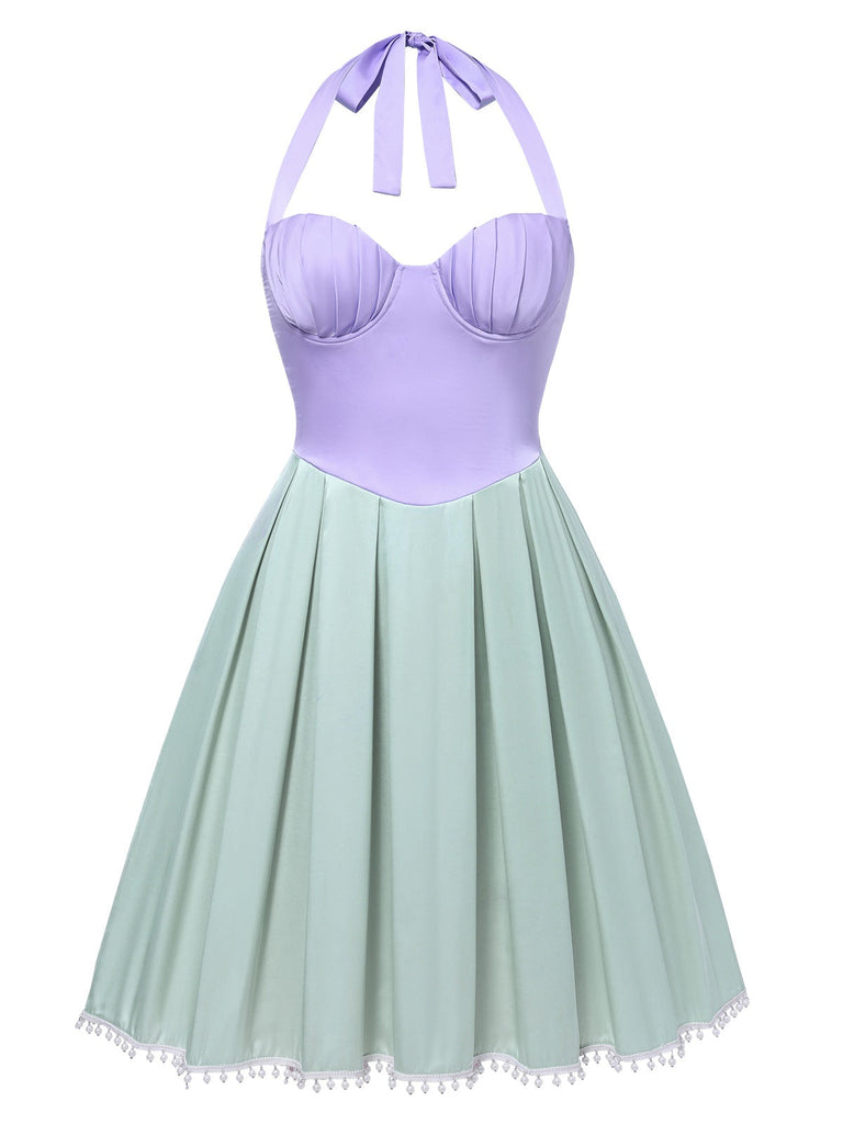[Prévente] [Grande taille] Robe plissée à perles coquillage lavande et verte années 1940