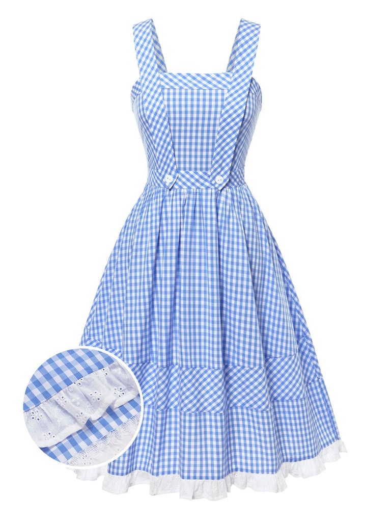 [Prévente] Robe bleue en coton à carreaux et dentelle années 1950