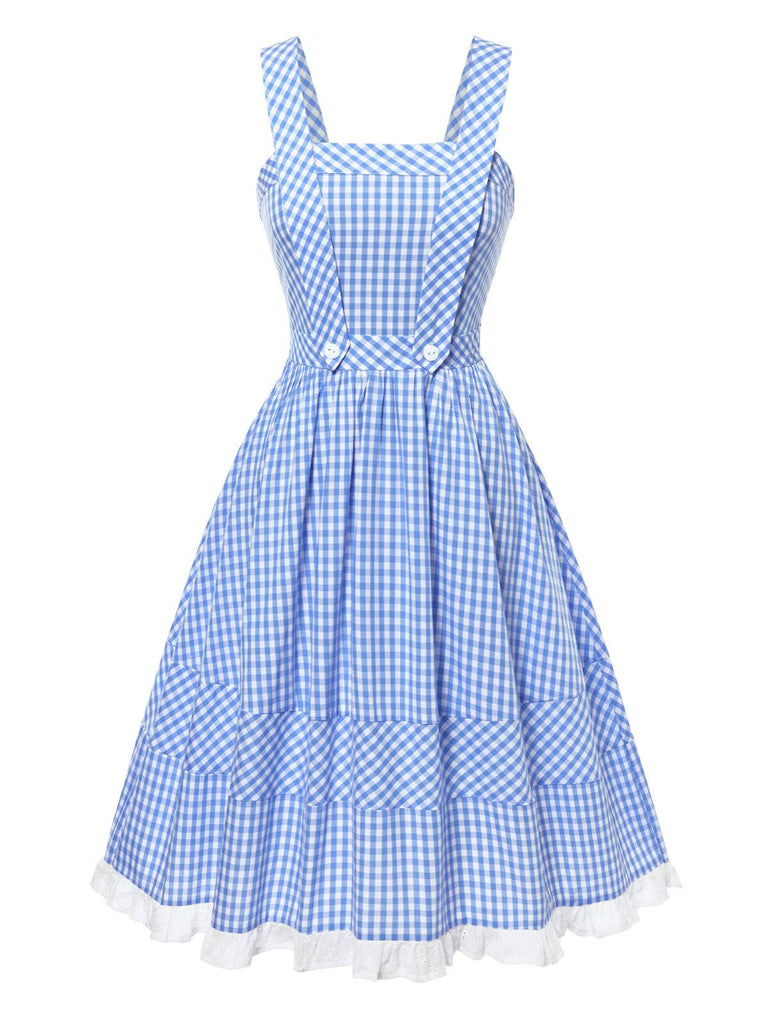 [Prévente] Robe bleue en coton à carreaux et dentelle années 1950