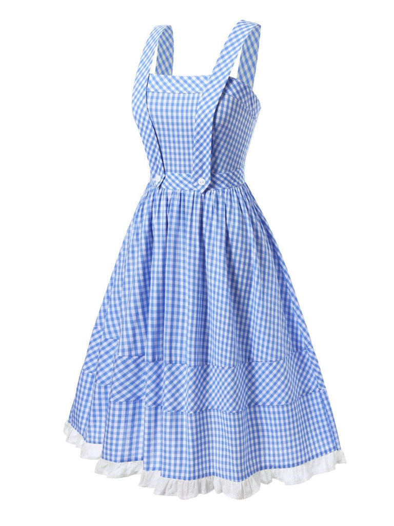 [Prévente] Robe bleue en coton à carreaux et dentelle années 1950