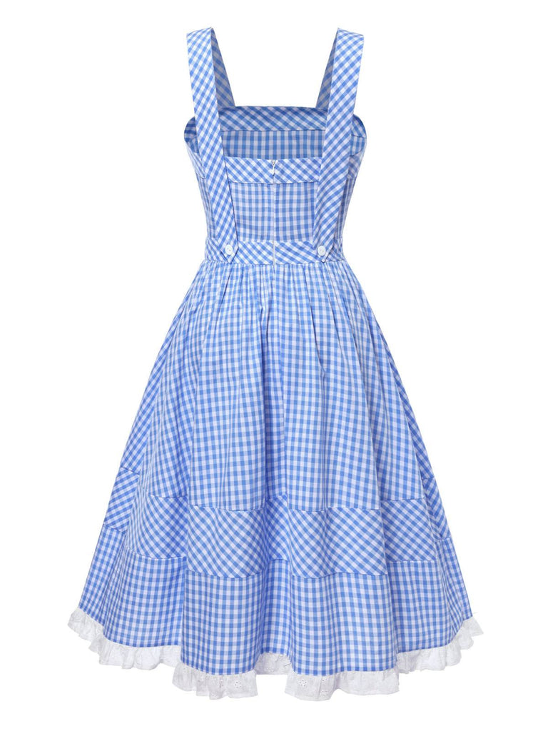 [Prévente] Robe bleue en coton à carreaux et dentelle années 1950