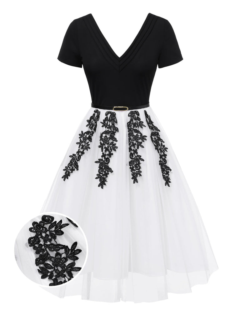 [Prévente] Robe patchwork en maille brodée noire et blanche années 1950
