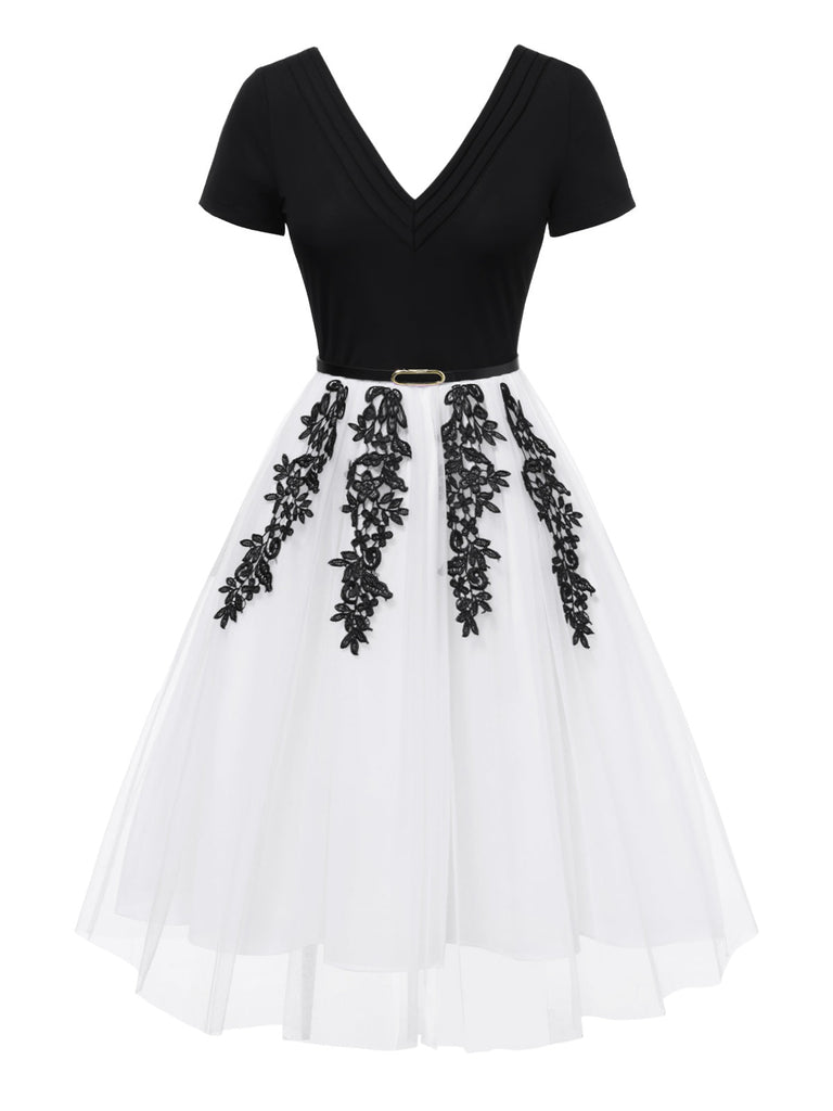 [Prévente] Robe patchwork en maille brodée noire et blanche années 1950