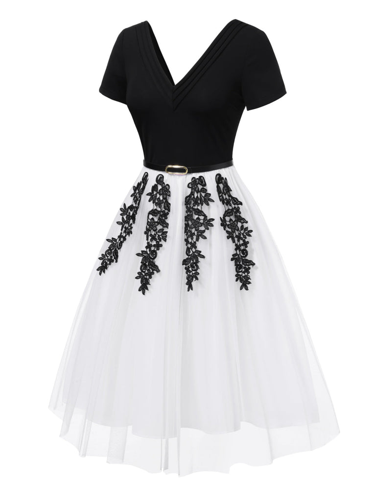 [Prévente] Robe patchwork en maille brodée noire et blanche années 1950