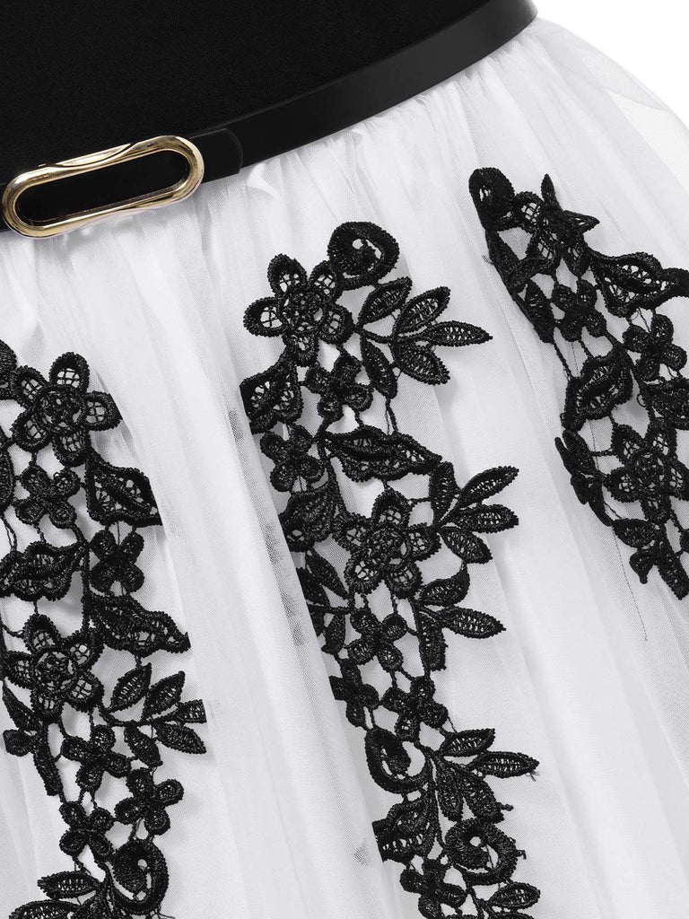 [Prévente] Robe patchwork en maille brodée noire et blanche années 1950