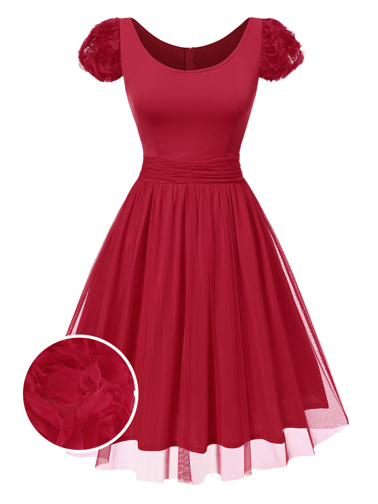 [Prévente] Robe rouge à col rond avec rose 3D des années 1950