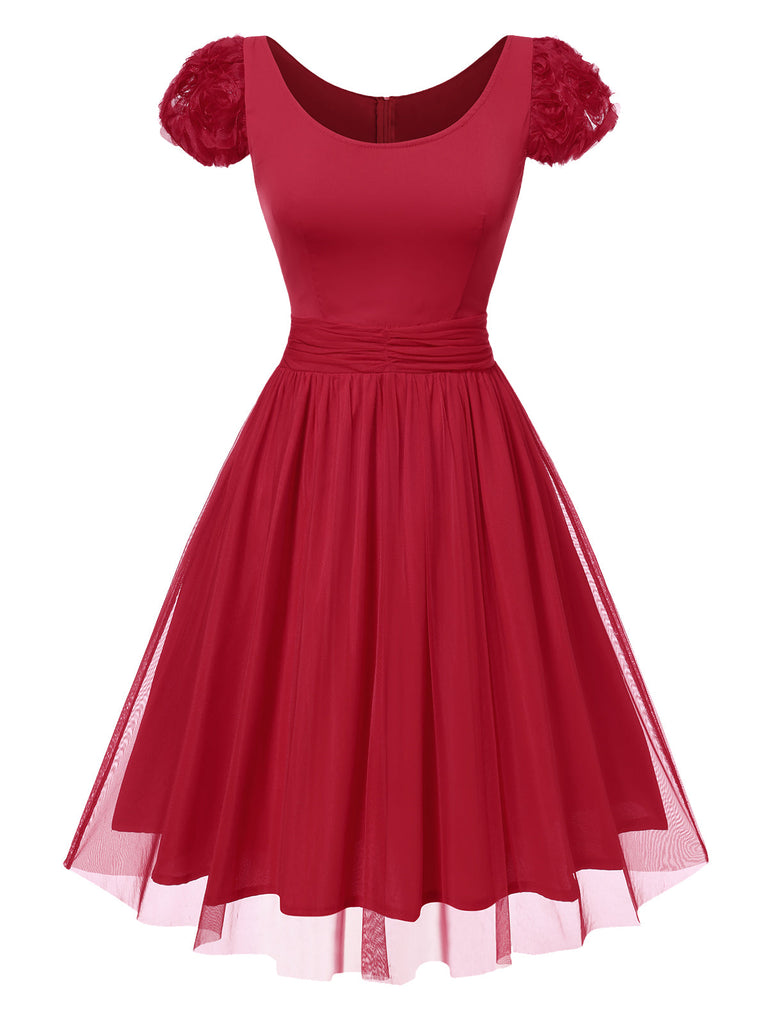 [Prévente] Robe rouge à col rond avec rose 3D des années 1950
