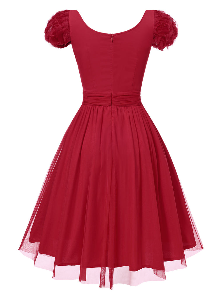 [Prévente] Robe rouge à col rond avec rose 3D des années 1950