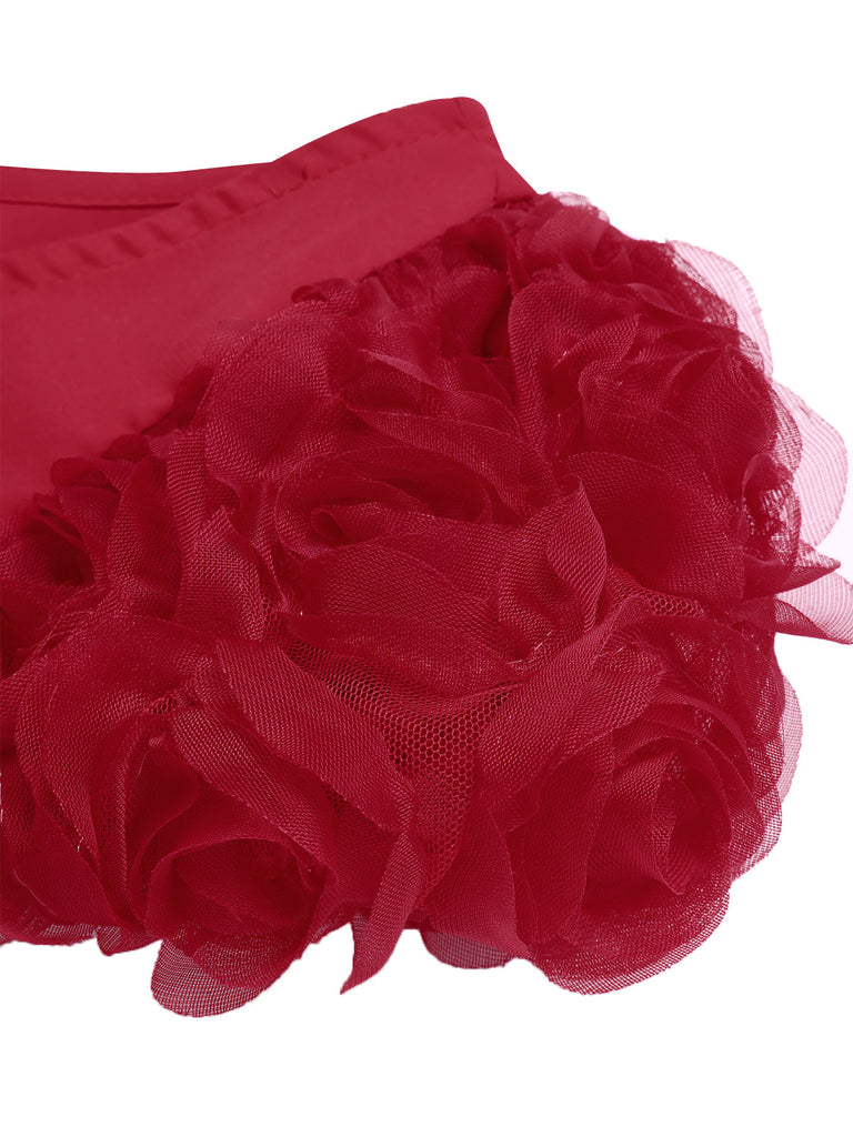 [Prévente] Robe rouge à col rond avec rose 3D des années 1950