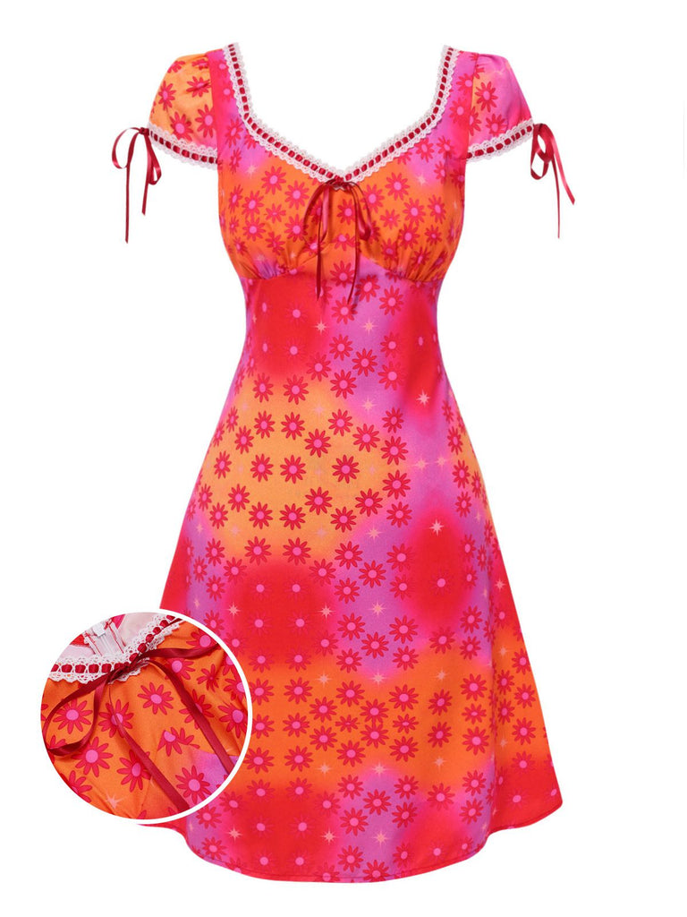 [Prévente] Robe rose fleurs psychédéliques avec bordure en crochet années 1960