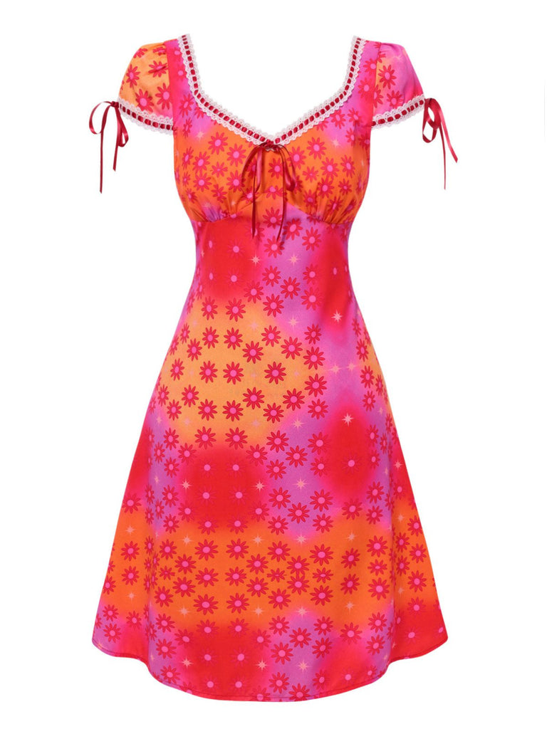 [Prévente] Robe rose fleurs psychédéliques avec bordure en crochet années 1960