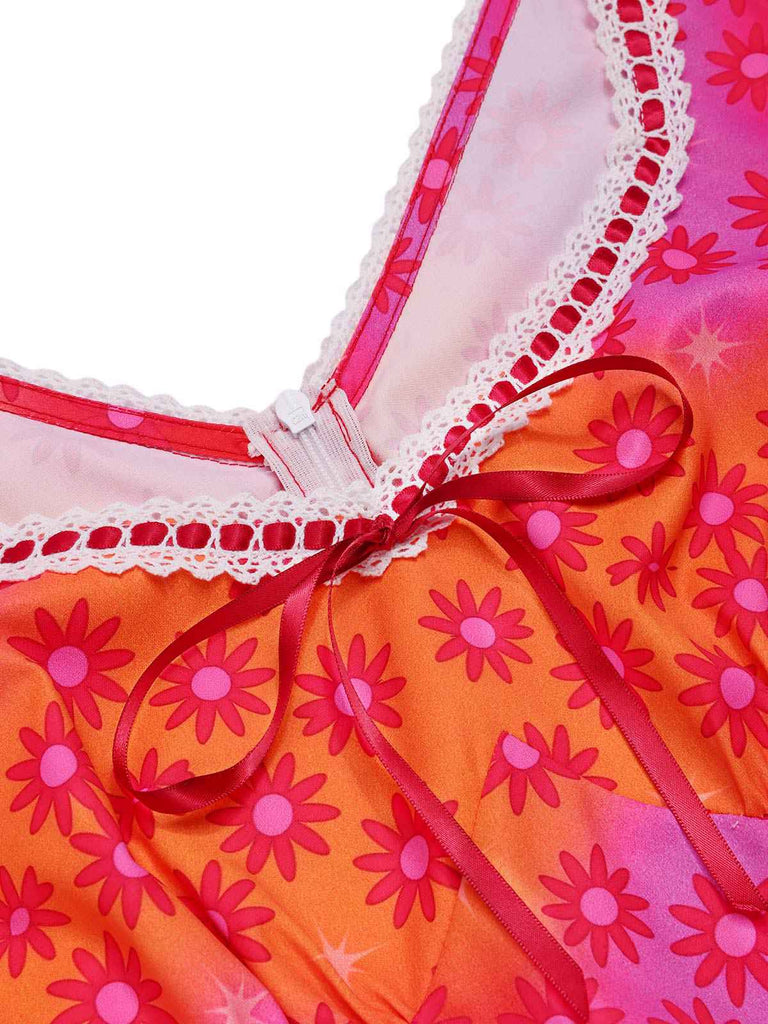 [Prévente] Robe rose fleurs psychédéliques avec bordure en crochet années 1960