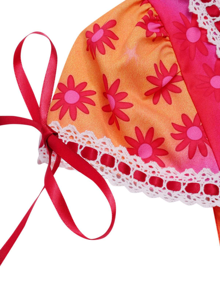 [Prévente] Robe rose fleurs psychédéliques avec bordure en crochet années 1960