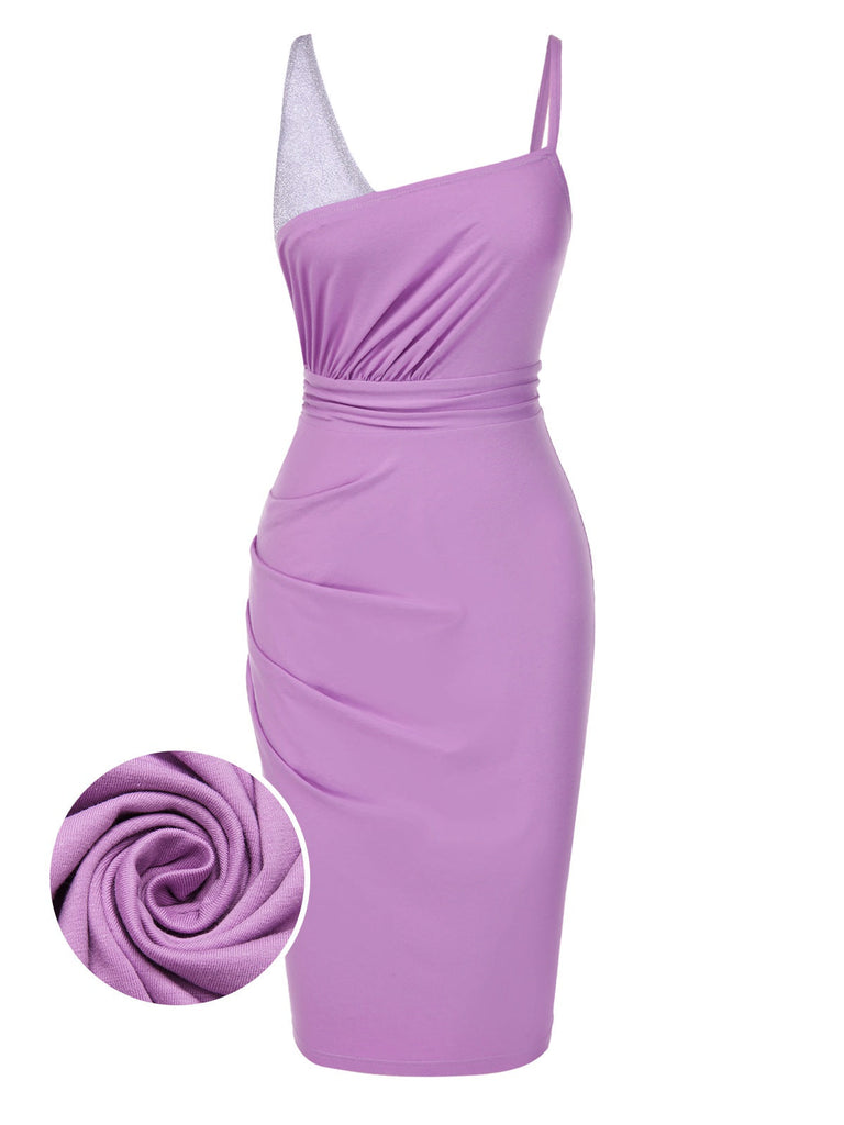 [Prévente] Robe moulante violette en coton à paillettes fronces années 1960