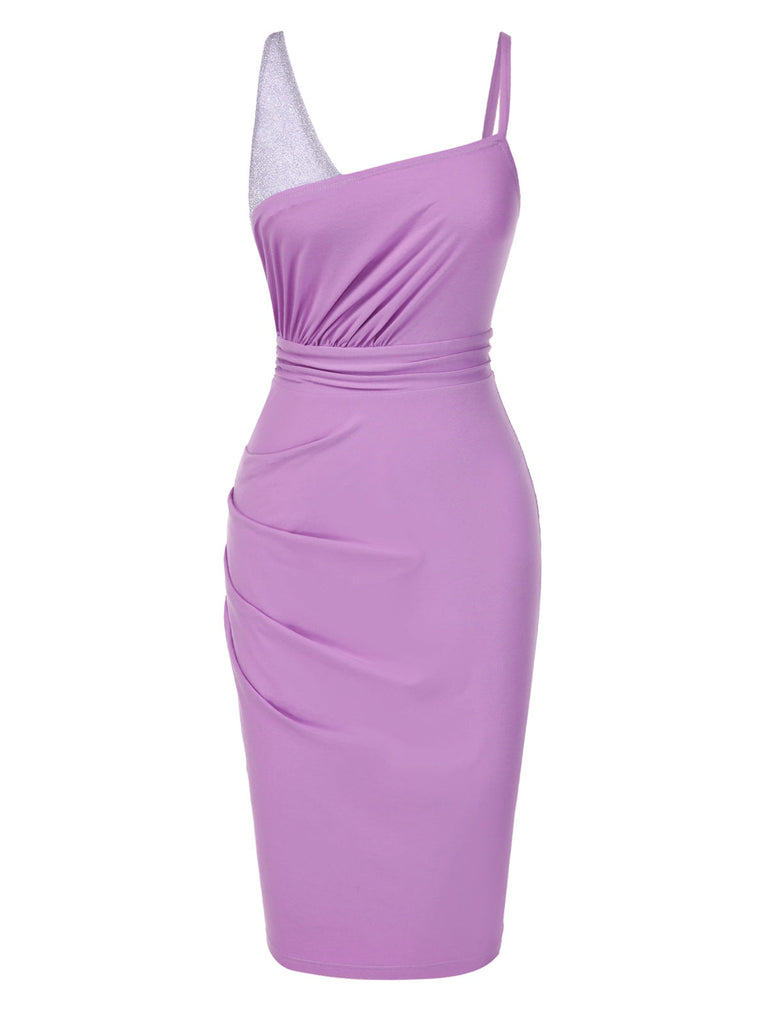 [Prévente] Robe moulante violette en coton à paillettes fronces années 1960