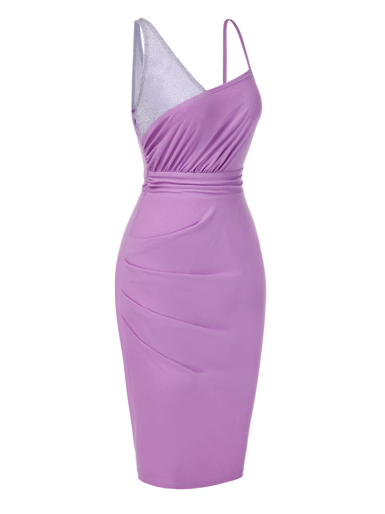 [Prévente] Robe moulante violette en coton à paillettes fronces années 1960