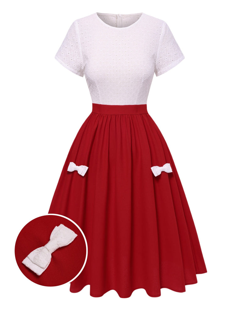 [Prévente] Robe brodée de fleurs avec nœud rouge et blanche années 1950