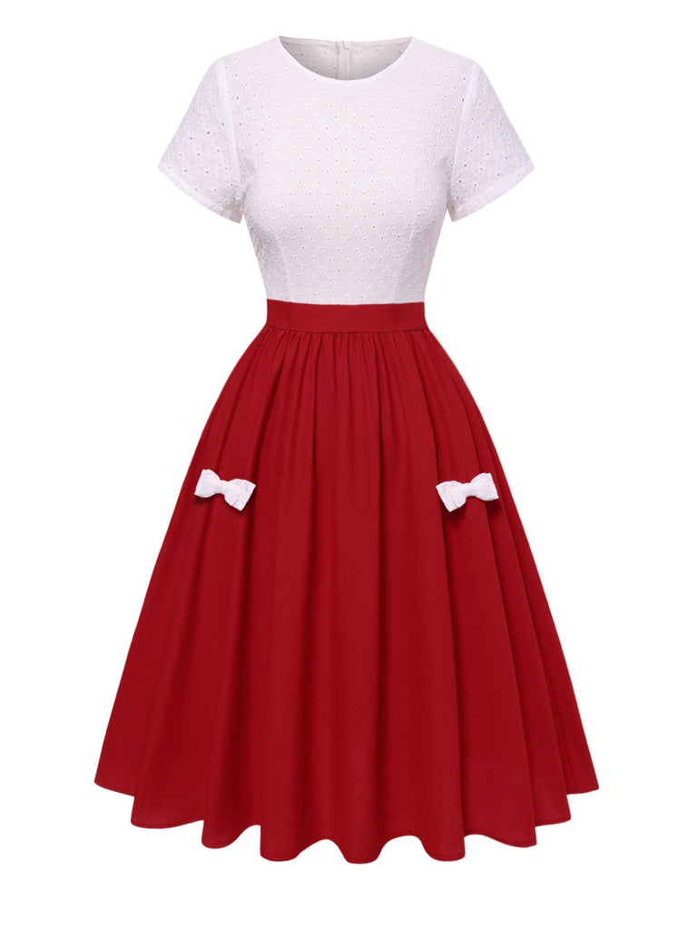 [Prévente] Robe brodée de fleurs avec nœud rouge et blanche années 1950
