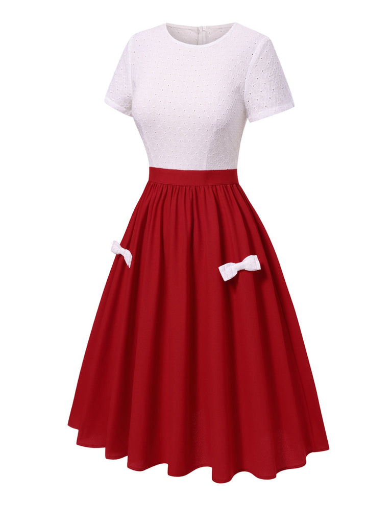 [Prévente] Robe brodée de fleurs avec nœud rouge et blanche années 1950