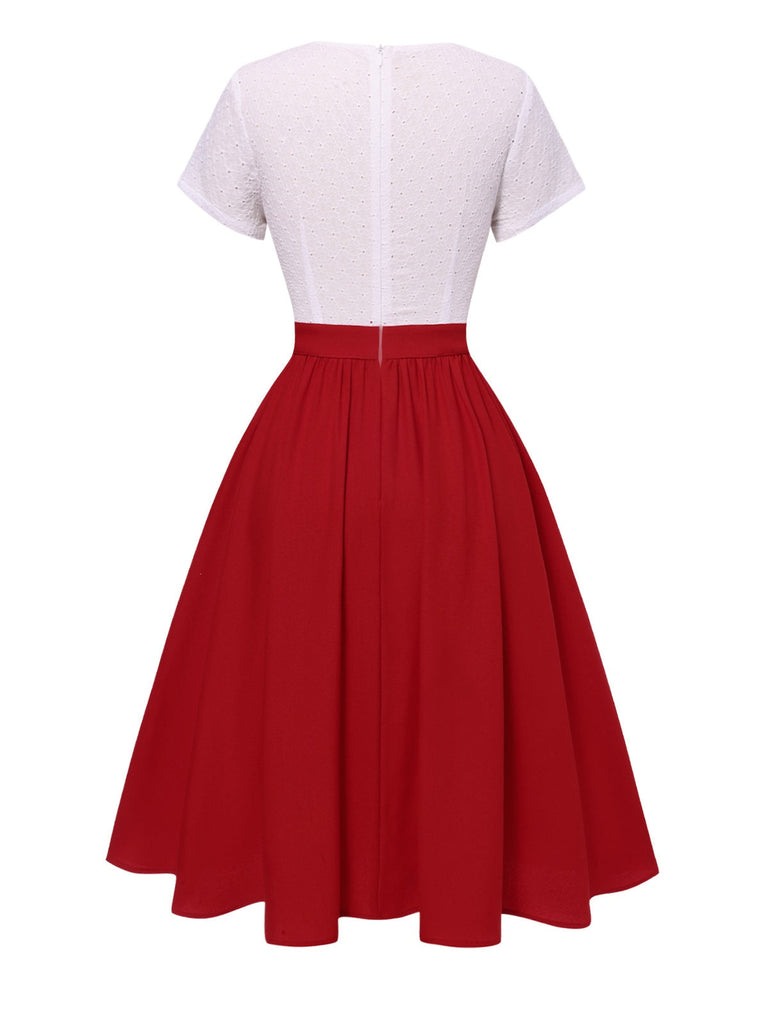 [Prévente] Robe brodée de fleurs avec nœud rouge et blanche années 1950