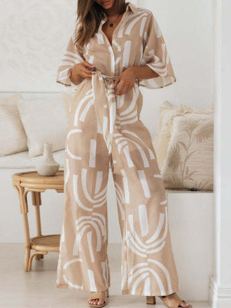 Combinaison kaki à revers manches mi-longues imprimé géométrique années 1930