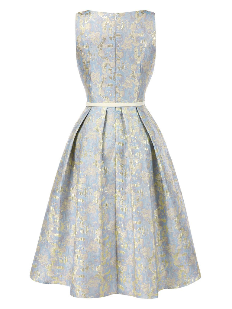 Robe à col carré bleu clair en jacquard floral des années 1950