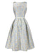 Robe à col carré bleu clair en jacquard floral des années 1950