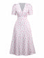 Robe lavande col V manches bouffantes à petites fleurs des années 1940
