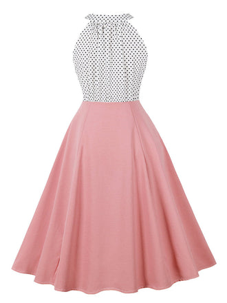 Robe à pois patchwork col rond dos nu blocs de couleurs des années 1950