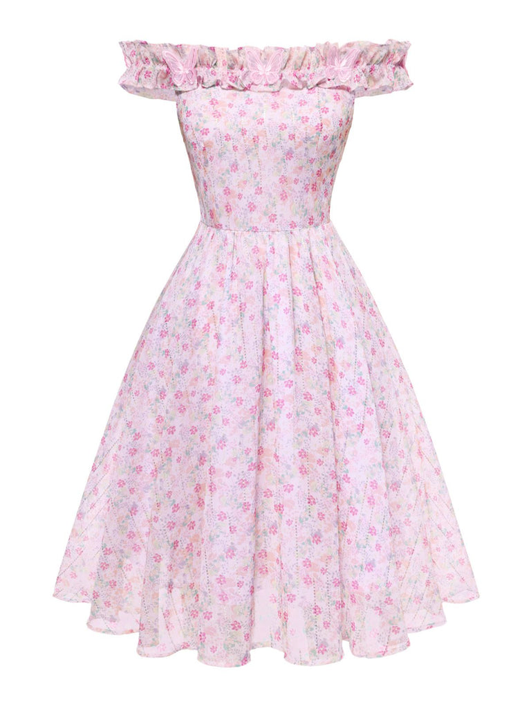 [Prévente] Robe rose à volants épaules dénudées années 1950