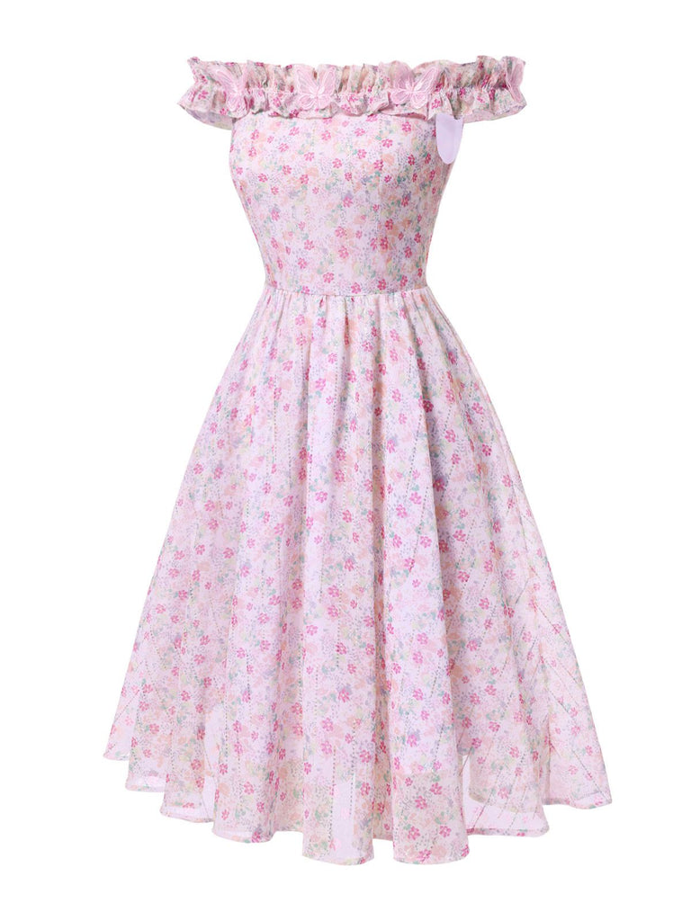 [Prévente] Robe rose à volants épaules dénudées années 1950