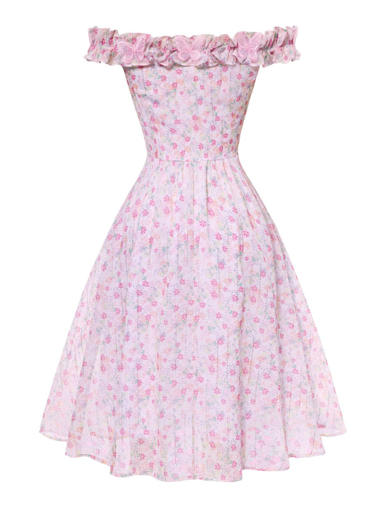 [Prévente] Robe rose à volants épaules dénudées années 1950