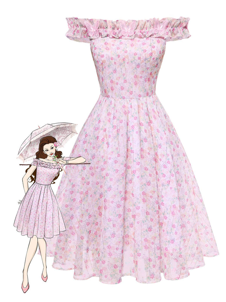 [Prévente] Robe rose à volants épaules dénudées années 1950