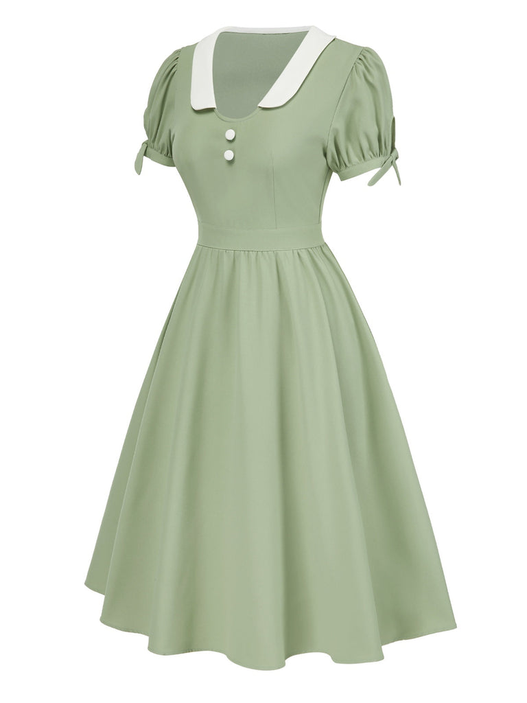 [Prévente] Robe à revers verte colorblock et poignets à nœud années 1950