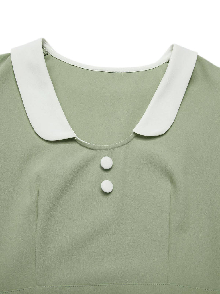 [Prévente] Robe à revers verte colorblock et poignets à nœud années 1950