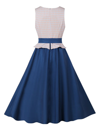 Robe patchwork à carreaux col V bleu foncé des années 1950