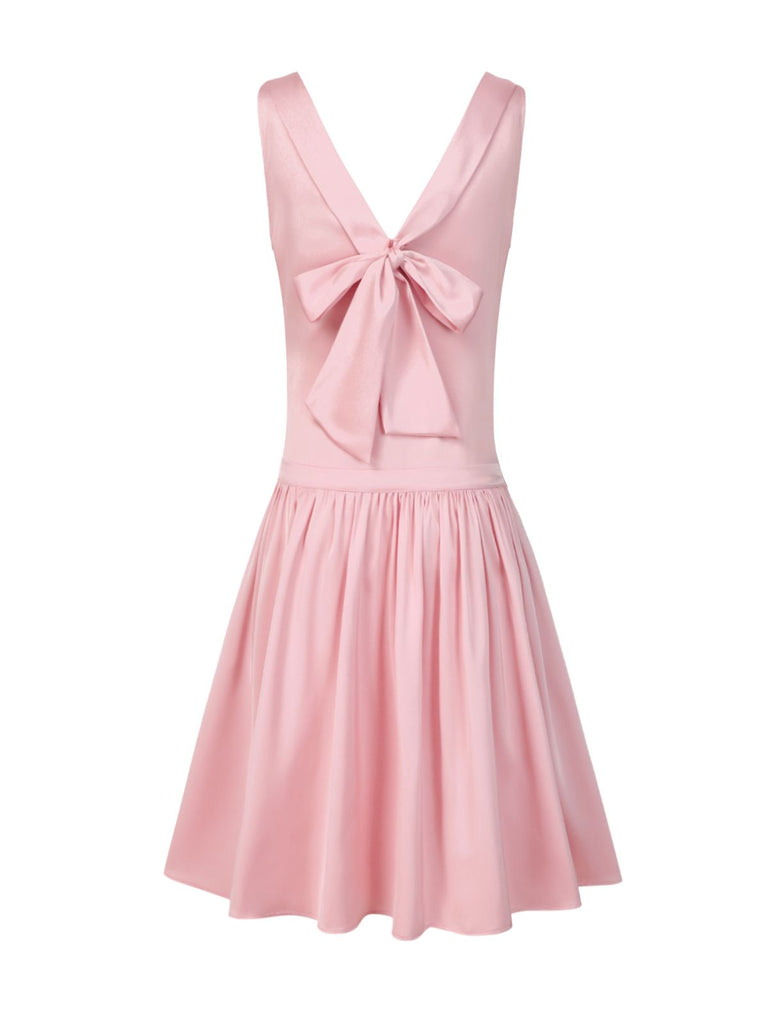 [Prévente] Robe rose satin col carré et nœud années 1920