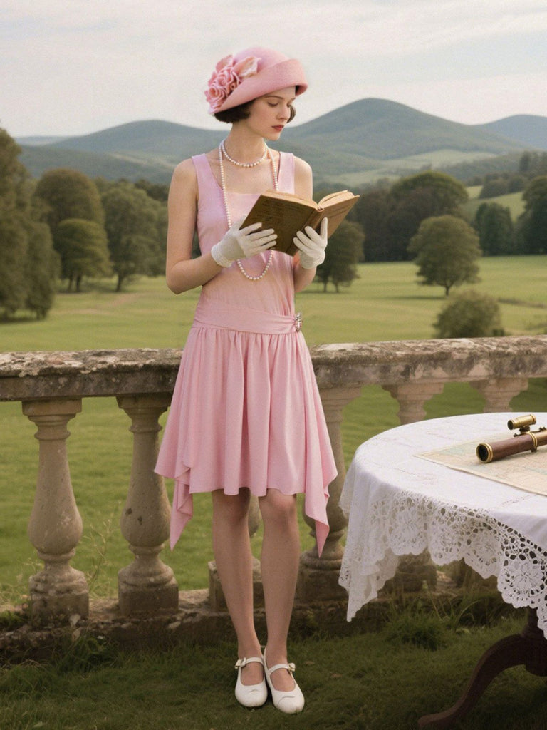 [Prévente] Robe rose satin col carré et nœud années 1920